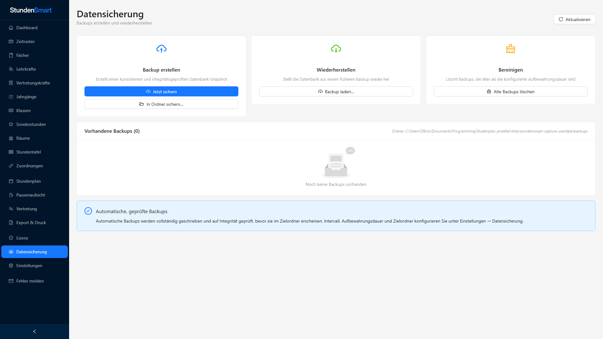 Datensicherungsseite von StundenSmart