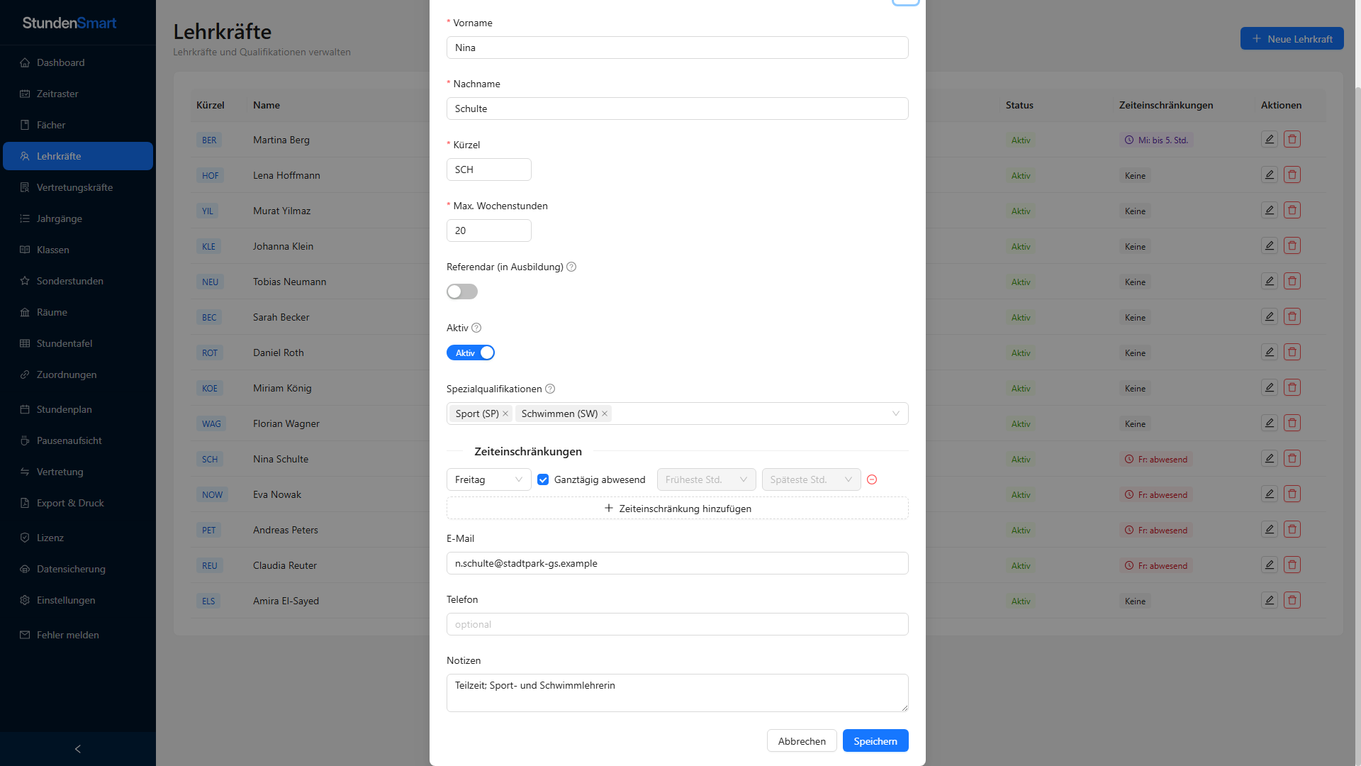 Dialog Lehrkraft bearbeiten mit ganztägiger Abwesenheit am Freitag in StundenSmart