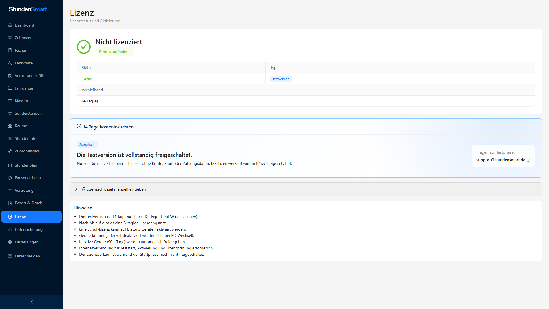 Lizenzübersicht mit Teststatus in StundenSmart