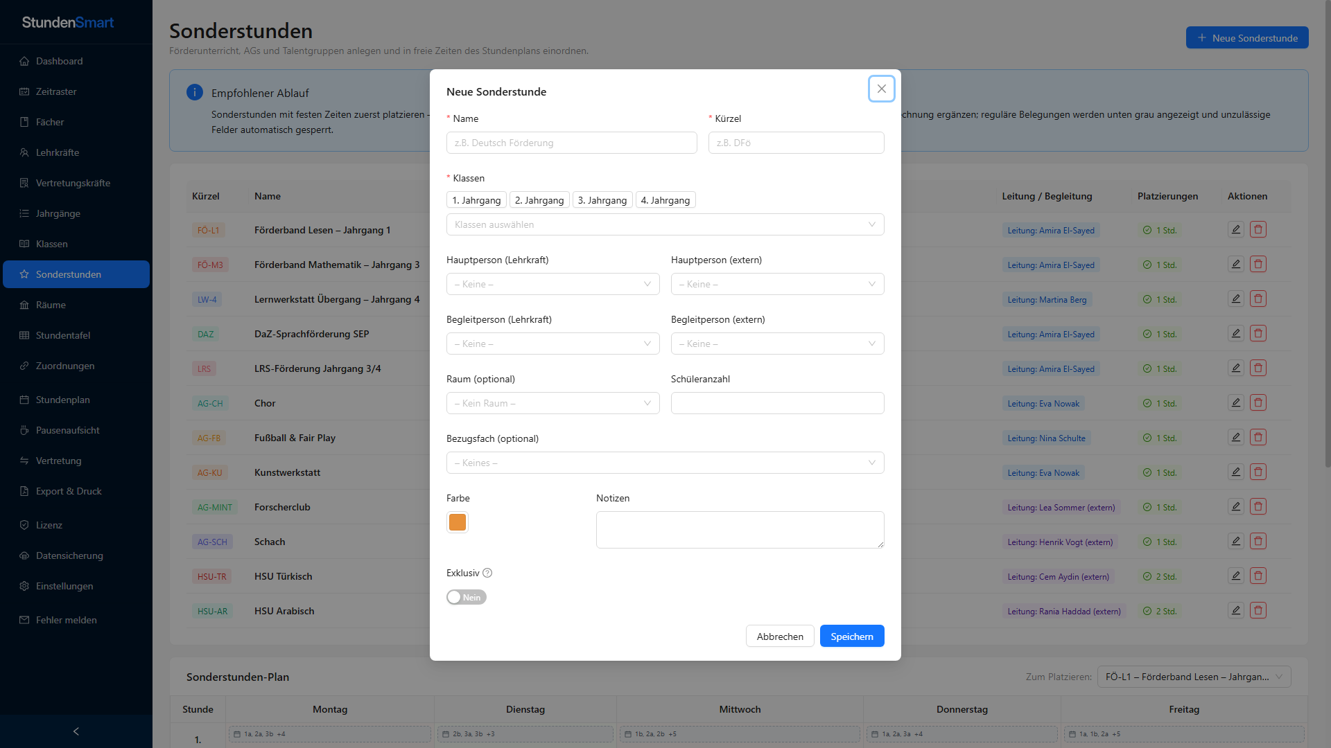 Dialog Neue Sonderstunde mit interner und externer Leitung in StundenSmart