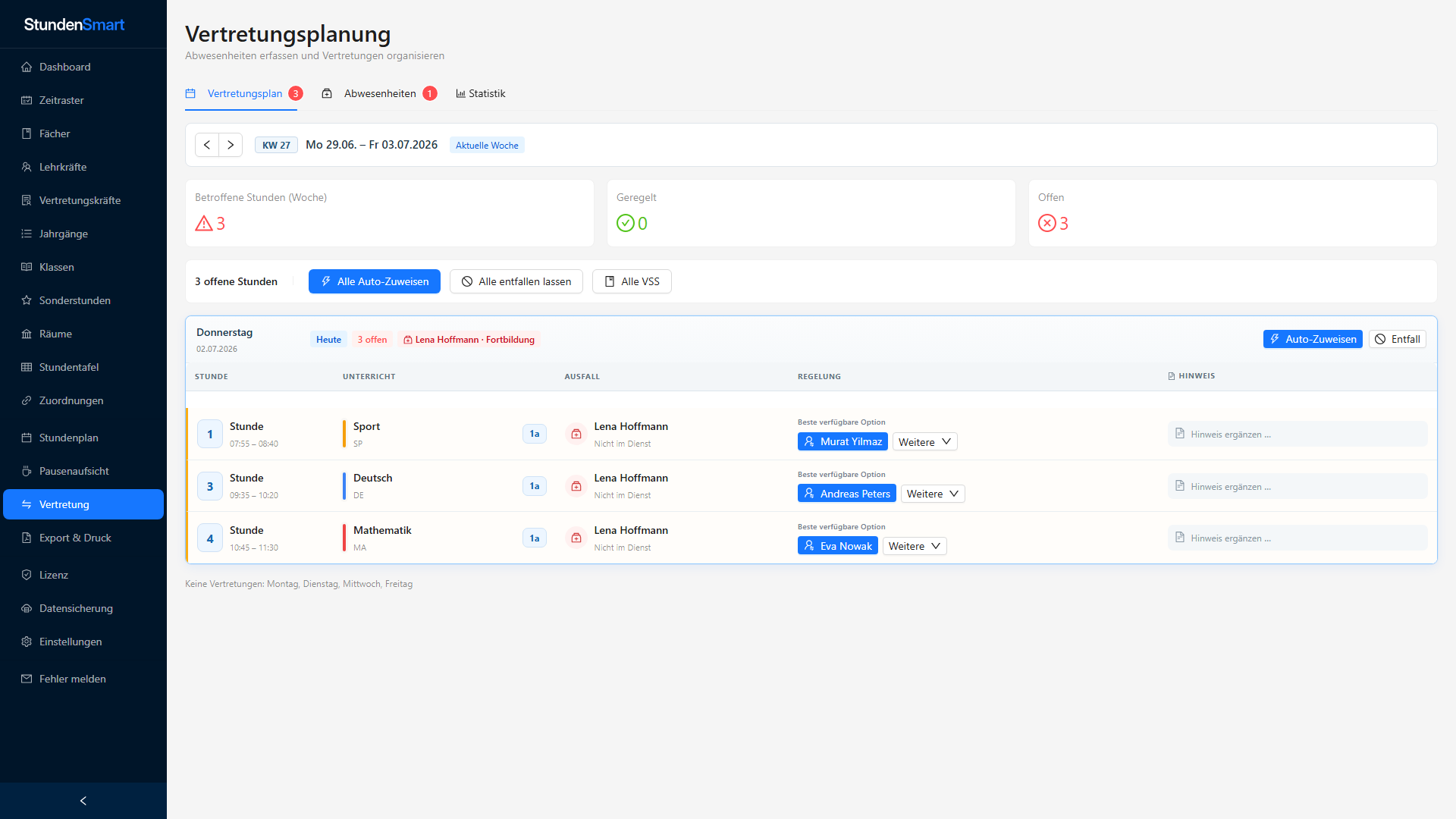 Wochenübersicht der Vertretungsplanung in StundenSmart
